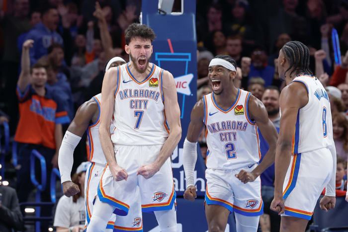 Dec 8, 2023; Oklahoma City, Oklahoma, USA; Oklahoma City Thunder forward Chet Holmgren (7), and guard Shai Gilgeous-Alexander (2) celebrate after Chet Holmgren scores a basket against the Golden State Warriors during the second half at Paycom Center.
